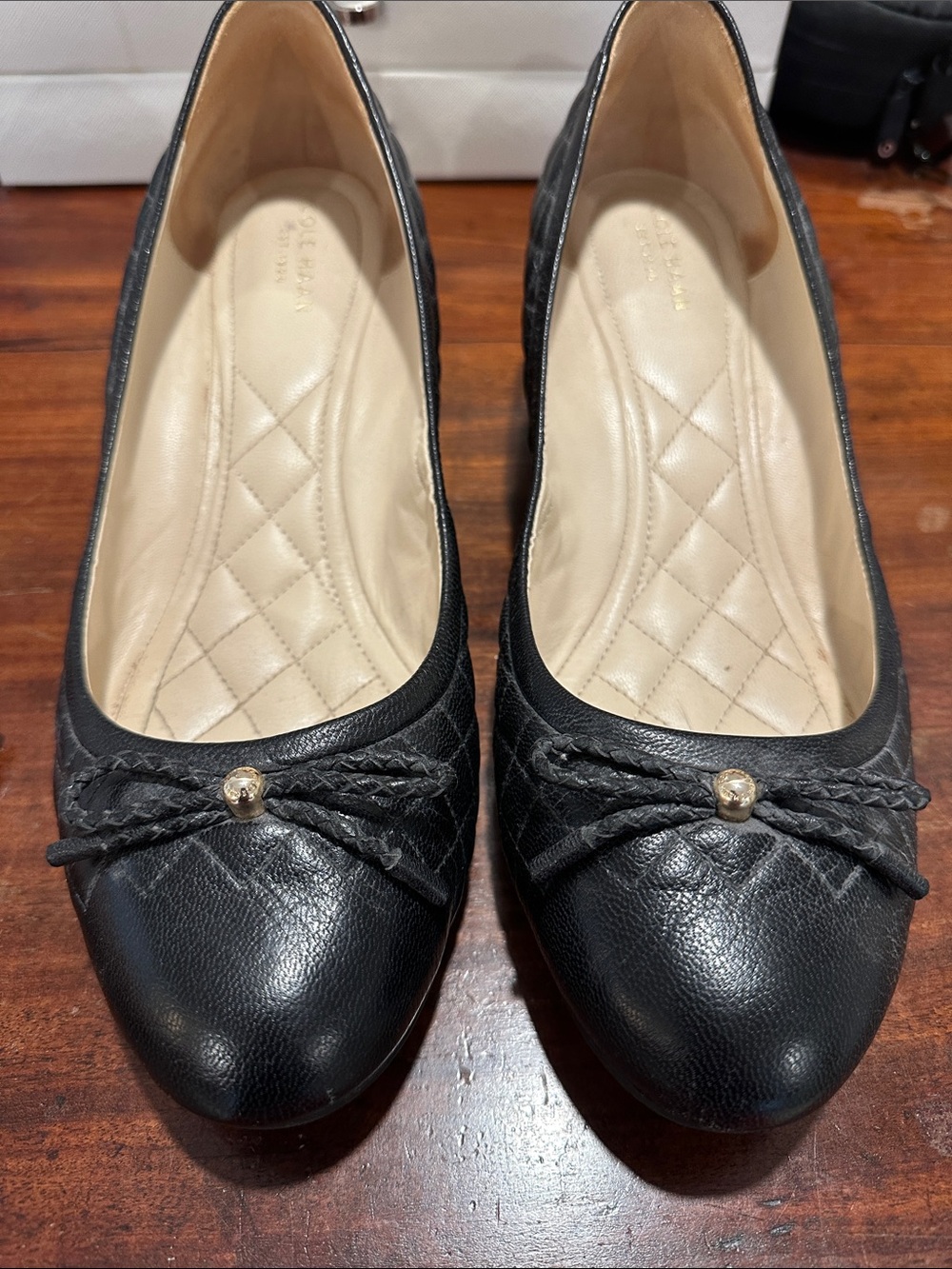 Cole Hahn size 11 Black Leather Quilted Ballet Wedges with Bow Accent